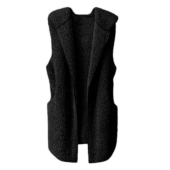 Baqcunre Fuzzy Coat, Women's Hooded Plush Sleeveless Vest Coat Top 1Pc Top Black L