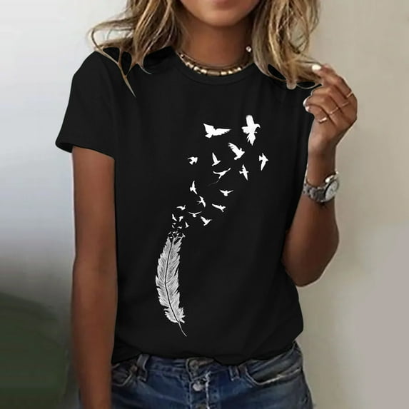 Baqcunre Graphic Tees For Women Ladies Feather Print Pattern Round Neck Short Sleeve Tshirt Top T Shirts For Women Going Out Tops Black L