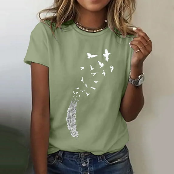 Baqcunre Graphic Tees For Women Ladies Feather Print Pattern Round Neck Short Sleeve Tshirt Top T Shirts For Women Going Out Tops Green M