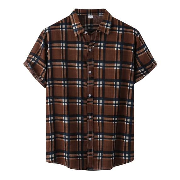 Baqcunre Graphic Tees Men Men'S Casual Plaid Print Shirt Short Sleeve Single Breasted Turn-Down Collar Shirt Short Sleeve Button Down Men Tops For Men Coffee M