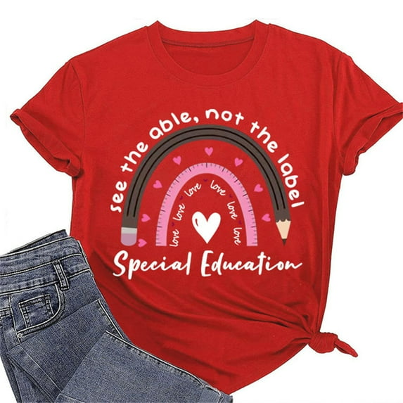 Baqcunre Graphic Tees Women See The Able Not The Label T Shirt Cute Rainbow Graphic Tees Casual Short Sleeve Shirt Funny Teacher Gift Shirts Womens T Shirts Workout Tops For Women Red L