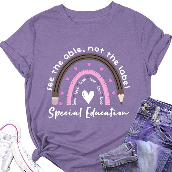 Baqcunre Graphic Tees Women See The Able Not The Label T Shirt Cute Rainbow Graphic Tees Casual Short Sleeve Shirt Funny Teacher Gift Shirts Womens T Shirts Workout Tops For Women Purple XXL