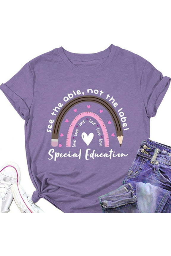 Graphic Tees Women See The Able Not The Label T Shirt Cute Rainbow Graphic Tees Casual Short Sleeve Shirt Funny Teacher Gift Shirts Womens T Shirts Workout Tops For Women Purple XL