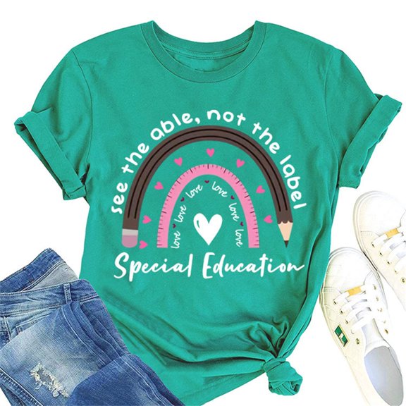 Baqcunre Graphic Tees Women See The Able Not The Label T Shirt Cute Rainbow Graphic Tees Casual Short Sleeve Shirt Funny Teacher Gift Shirts Womens T Shirts Workout Tops For Women Green 2 M