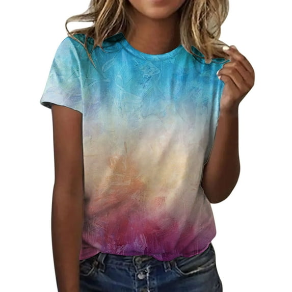 Baqcunre Graphic Tees Womens Casual Fashion Printed Pattern Short Sleeve Round Neck Tshirt Top Tops For Women 2023 Tshirts Shirts For Women Blue L