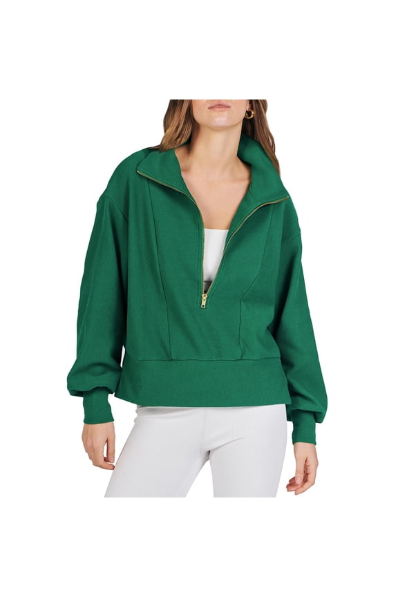 Half Zip Cropped Sweatshirt Casual Fleece Quarter Zip Up Rib Knit Pullover 2023 Fall Clothes Womens Tops Half Zip Sweatshirt Women,Women'S Sweaters Sweatshirt For Women,Color Green,Size L