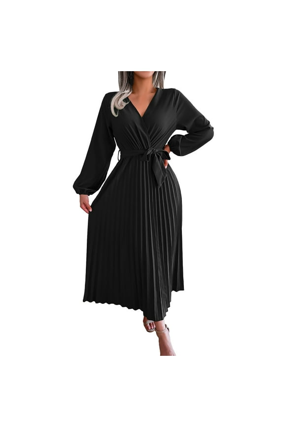 Homecoming Dresses 2023 Womens Elegant Temperament Large Long Sleeve Solid V Neck Lace Pleated Skirt Maxi Dress Fall Dresses Black Dress XL