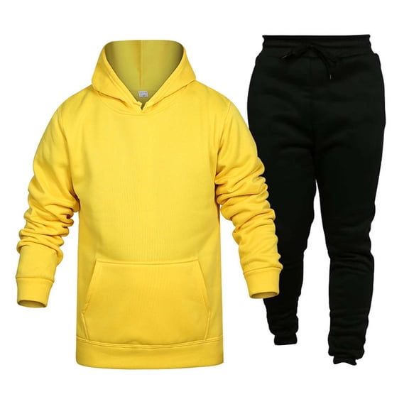 Baqcunre Hoodies For Men Men'S Fashion Casual Fleece With Color Two Piece Hooded Pocket Lace Pullover Sweater Pants Set Track Suits For Men Set Tops For Men Yellow XL