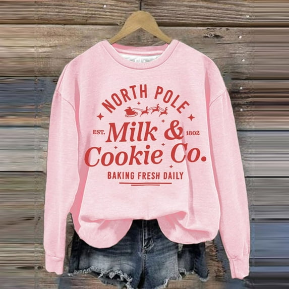 Baqcunre Hoodies For Women Milk&Cookie Co. Baking Fresh Daily Women's Letter Print Long Sleeve Sweatshirt Cropped Sweatshirt Fall Outfits Women Trendy Pink S