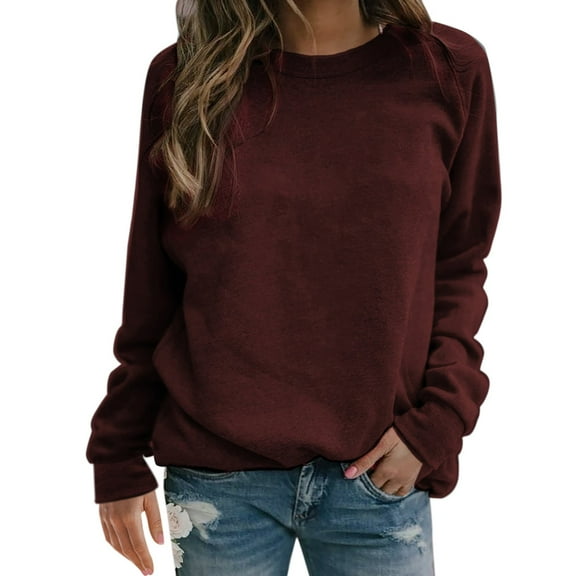 Baqcunre Hoodies For Women Women's Solid Colour Round Neck Pullover Sweatshirt Top Crewneck Sweatshirts Womens Fall Tops Red L