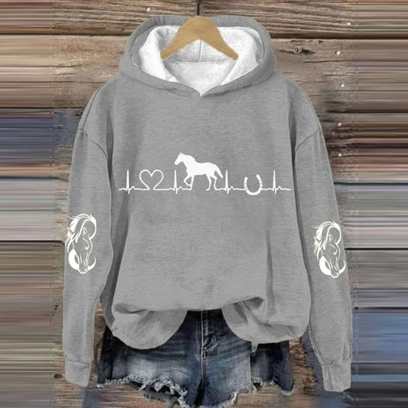 Baqcunre Horse Heartbeat Horse Lover Casual Hoodie Casual Long Sleeve Sweatshirt Soft Printed Shirt Women's Winter Sweatshirt Tops Shirts for Women Going Out Tops Womens Tops,Color Grey,S