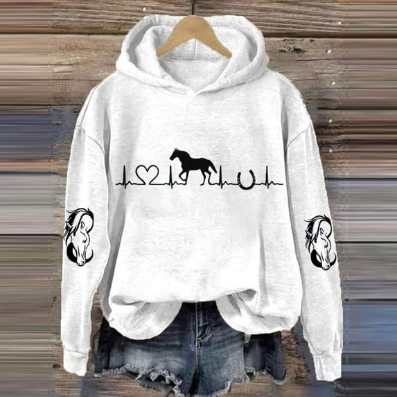 Baqcunre Horse Heartbeat Horse Lover Casual Hoodie Casual Long Sleeve Sweatshirt Soft Printed Shirt Women's Winter Sweatshirt Tops Shirts for Women Going Out Tops Womens Tops,Color White,2XL