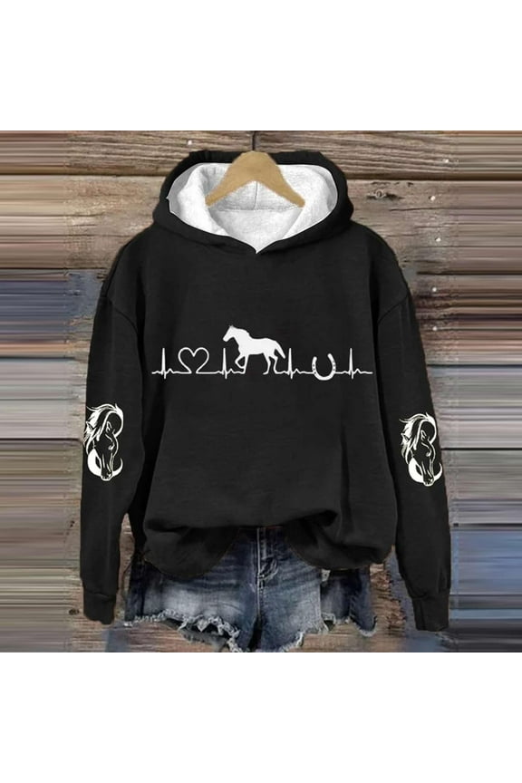 Horse Heartbeat Horse Lover Casual Hoodie Casual Long Sleeve Sweatshirt Soft Printed Shirt Women's Winter Sweatshirt Tops Shirts for Women Going Out Tops Womens Tops,Color Black,L
