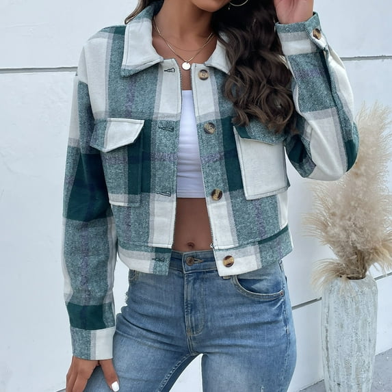 Baqcunre Jackets For Women Plaid Tops Shirts For Womens Casual Long Sleeve Short Vintage Pocket Slouchy Crop Tops Womens Fall Fashion 2023 Green XL
