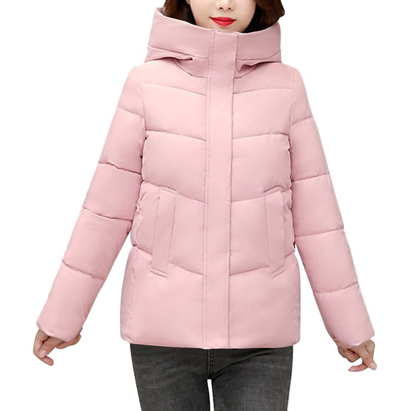 Baqcunre Down Jackets for Women, Womens Winter Jacket 2024 Full Zipper Hooded Puffer Jackets Long Sleeve Warm Padded Down Coats with Pockets 1Pc Cotton Jacket Pink XL