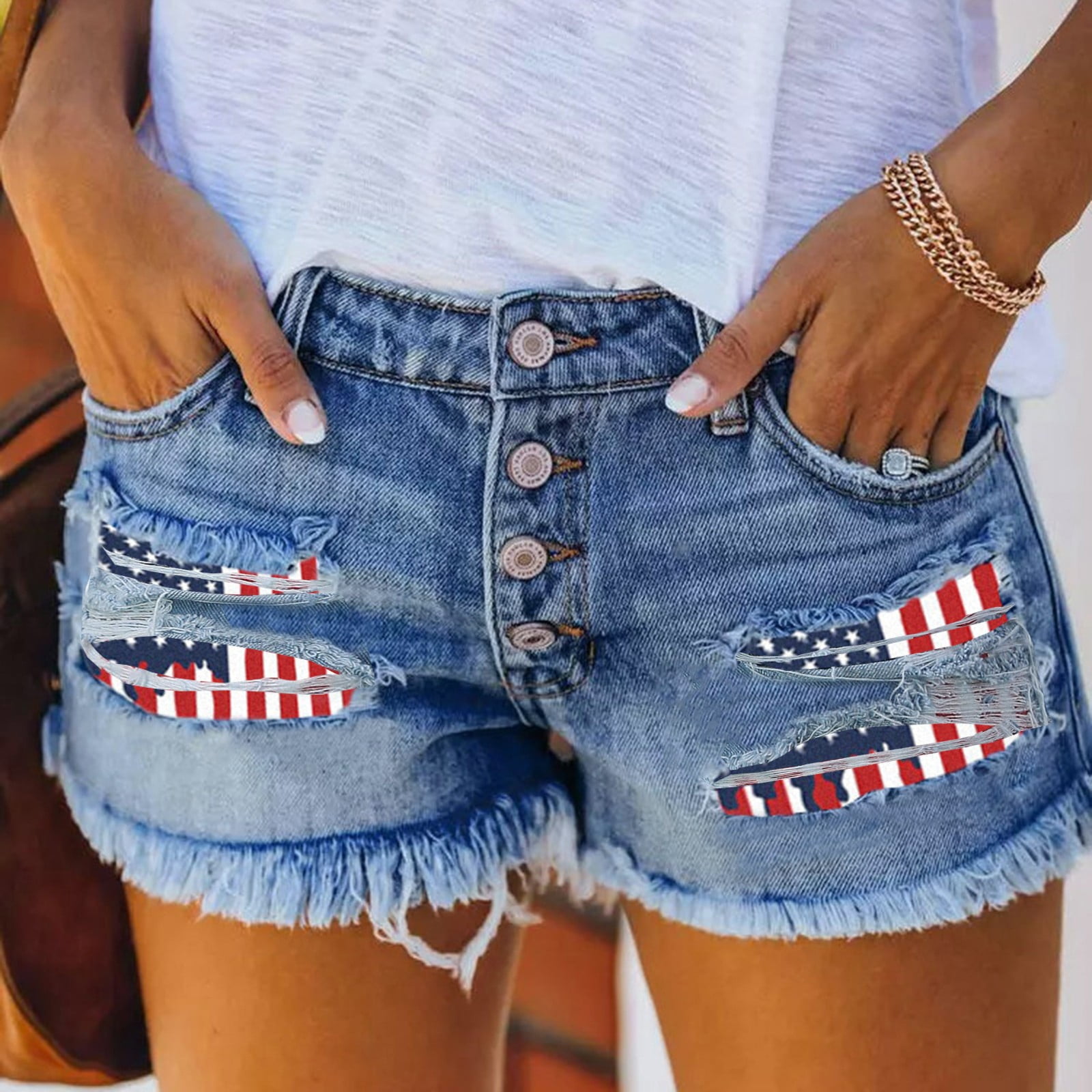 American Bazi - High Waist Distressed Frayed Denim Shorts