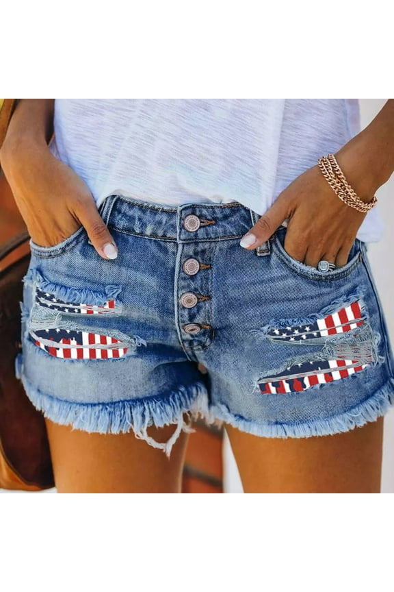 Jean Shorts Womens Women's Ripped American Flag Printed Denim Shorts High Waisted Frayed Hem Casual Jeans Shorts Jeans for Women Denim Shorts Women
