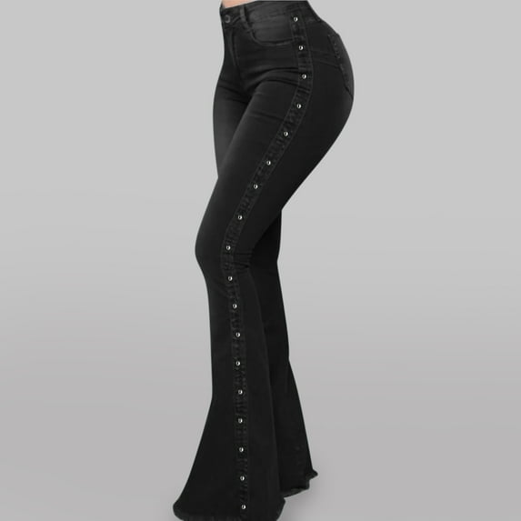 Baqcunre Jeans For Women Trousers Classic Button-Decorated Long Flared Women'S High-Waisted Jeans Women'S Jeans Flare Pants Pants For Women Black XXL