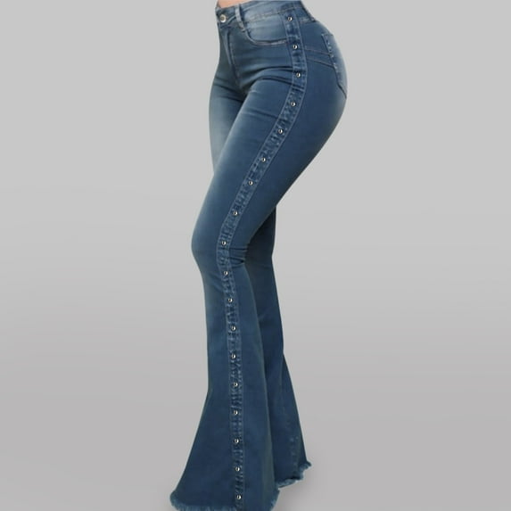 Baqcunre Jeans For Women Trousers Classic Button-Decorated Long Flared Women'S High-Waisted Jeans Women'S Jeans Flare Pants Pants For Women Blue S