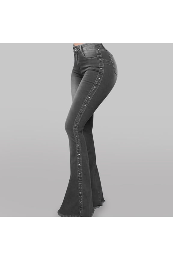 Jeans For Women Trousers Classic Button-Decorated Long Flared Women'S High-Waisted Jeans Women'S Jeans Flare Pants Pants For Women Grey L