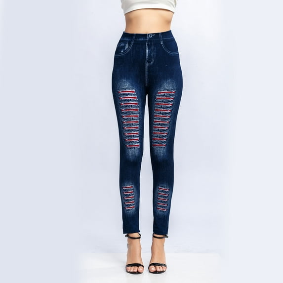 Baqcunre Jeans for Women Pants for Women Elastic Jeans Leggings Thermal Stripe Print Imitation Denim Leggings Tights Hiking Pant Jeans for Women Trendy High Waisted Jeans for Women