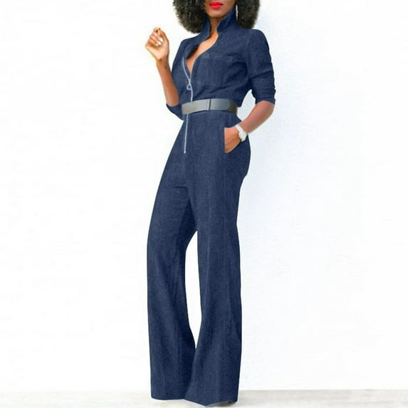 Baqcunre Jeans for Women Women's Sexy Bodycon Jumpsuits V Neck Long Sleeve High Waisted Slim Fit Long Romper with Pockets Belt Straight Leg Jeans for Women Jeans for Women Trendy