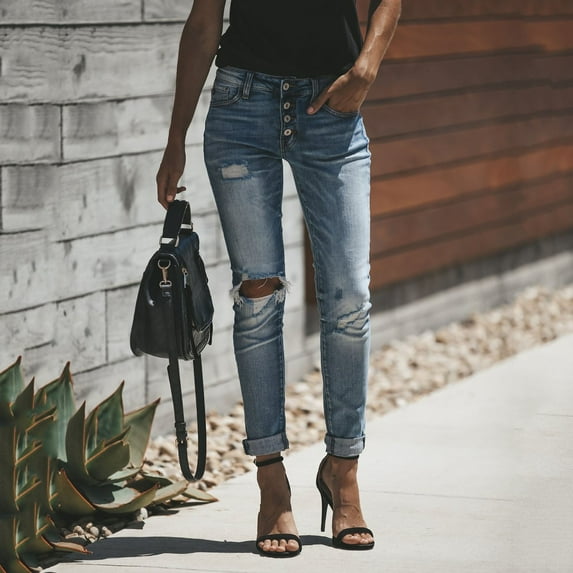 Baqcunre Jeans for Women Women's Street Temperament Self-Cultivation Ripped Multi-Button Bootcut Jeans Stretchy Jeans for Women Jeans for Women Trendy