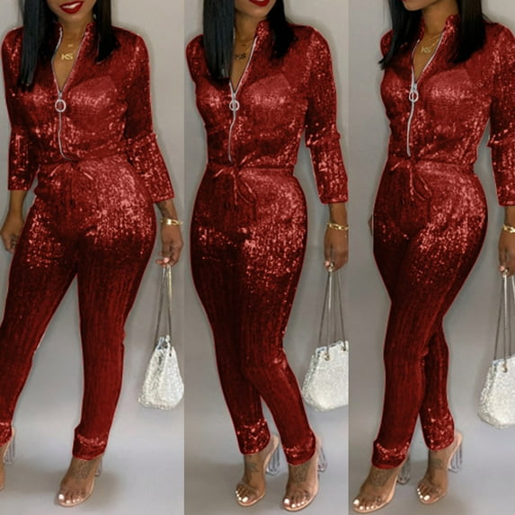 Baqcunre Jumpsuits For Women Women Fashion Solid Siamese Pant Zipper Long Sleeved Turtleneck Jumpsuit Bodysuits For Women Rompers For Women Red L