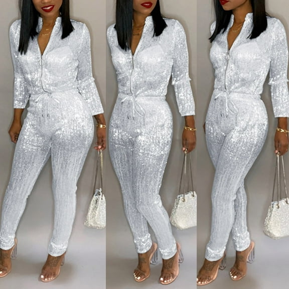 Baqcunre Jumpsuits For Women Women Fashion Solid Siamese Pant Zipper Long Sleeved Turtleneck Jumpsuit Bodysuits For Women Rompers For Women White XL
