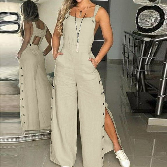 Baqcunre Jumpsuits For Women Women'S Summer Sleeveless Twisted Knot Cotton Strappy Pants Button Openings Loose Long Pants With Pockets Sweatpants Women Pants For Women Beige L