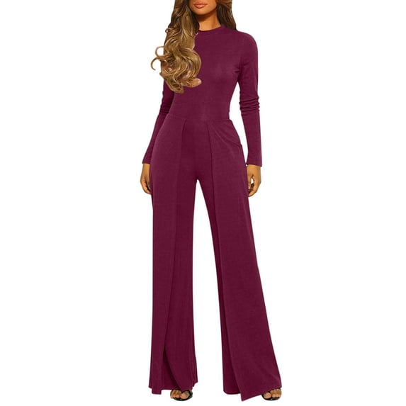 Baqcunre Jumpsuits for Women,Casual Jumpsuits Loose Belted Dressy Long Sleeve Crewneck Autumn Jumpsuit Wide Legs formal Rompers,Rompers for Women 2023 Women's Pants One Piece Jumpsuit Wine XXL