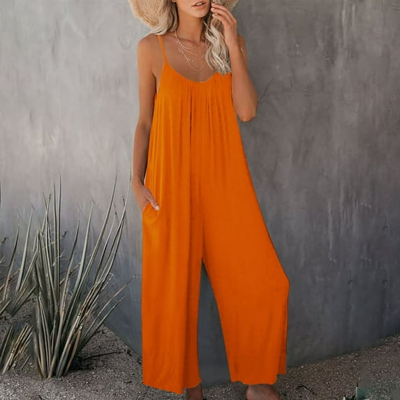 Baqcunre Jumpsuits for Women Jumpsuits for Women Comfortable Loose Sleeveless Adjustable Strap Stretchy Overalls Wide Leg Pockets Rompers Jumpsuits for Women Dressy One Piece Jumpsuits for Women