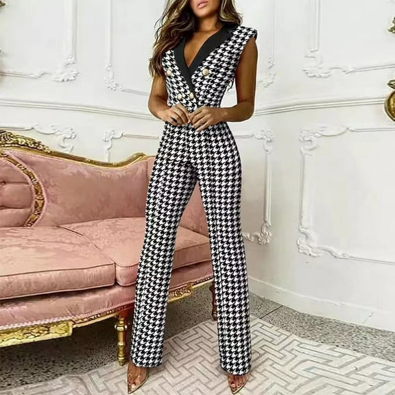 Baqcunre Jumpsuits for Women Ladies Button V-Neck Sleeveless Houndstooth Jumpsuit Professional Wear Women Jumpsuits for Women Dressy One Piece Jumpsuits for Women