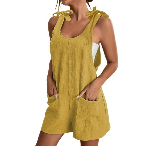 Baqcunre Jumpsuits for Women Women Linen Cotton Pockets Rompers Playsuit Shorts Suspenders Jumpsuit Jumpsuits for Women Dressy One Piece Jumpsuits for Women