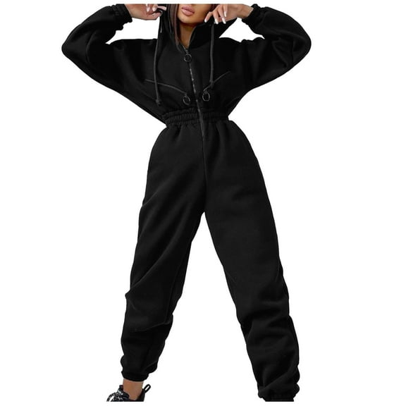 Baqcunre Jumpsuits for Women Long Sleeve Slim Waist Hoodie Zipper Drawstring Jacket Outerwear Fall Winter Tracksuit Sweatshirt Jumpsuit Jumpsuits for Women Dressy One Piece Jumpsuits for Women