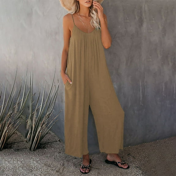 Baqcunre Jumpsuits for Women Loose Sleeveless Jumpsuits Strap Stretchy Long Pant Romper Jumpsuit with Pockets Womens Fashion Pants for Women One Piece Jumpsuit Womens Clothes Khaki 3XL