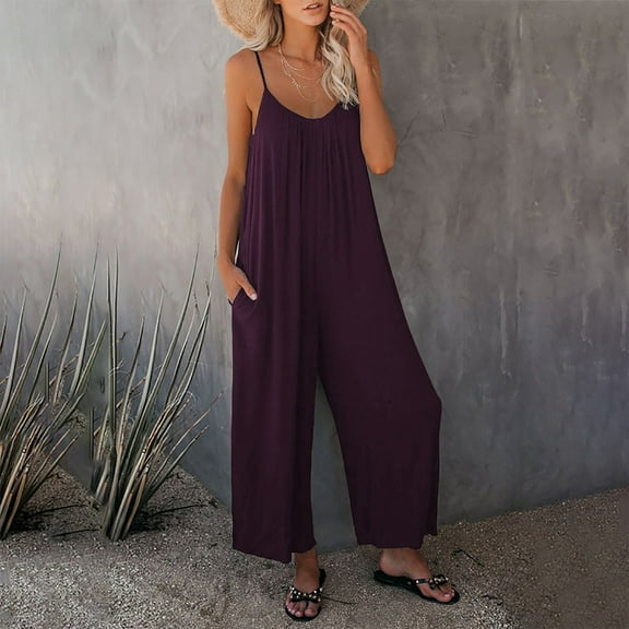 Baqcunre Jumpsuits for Women Loose Sleeveless Jumpsuits Strap Stretchy Long Pant Romper Jumpsuit with Pockets Womens Fashion Pants for Women One Piece Jumpsuit Womens Clothes Purple L
