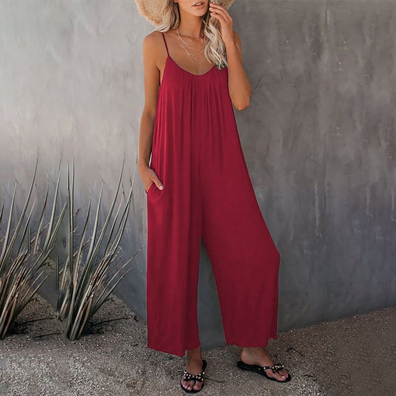 Baqcunre Jumpsuits for Women Loose Sleeveless Jumpsuits Strap Stretchy Long Pant Romper Jumpsuit with Pockets Womens Fashion Pants for Women One Piece Jumpsuit Womens Clothes Red S