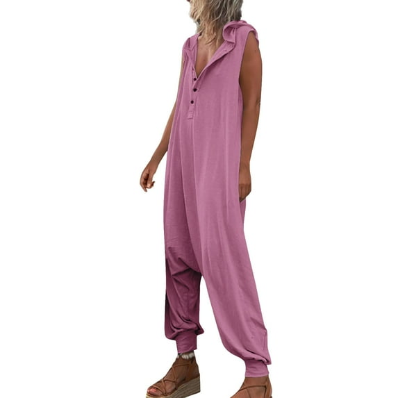 Baqcunre Jumpsuits for Women Overalls Casual Loose Sleeveless Hooded Bib Cuffed Jumpsuit with Pockets Womens Fashion Pants for Women One Piece Jumpsuit Womens Clothes Purple L