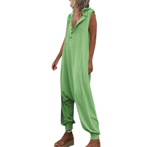 Baqcunre Jumpsuits for Women Overalls Casual Loose Sleeveless Hooded Bib Cuffed Jumpsuit with Pockets Womens Fashion Pants for Women One Piece Jumpsuit Womens Clothes Green L