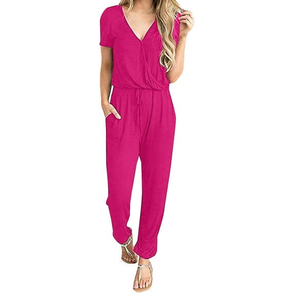 Baqcunre Jumpsuits for Women Personalized Design Women's Short Sleeved Casual Loose V Neck Jumpsuit Jumpsuits for Women Dressy One Piece Jumpsuits for Women