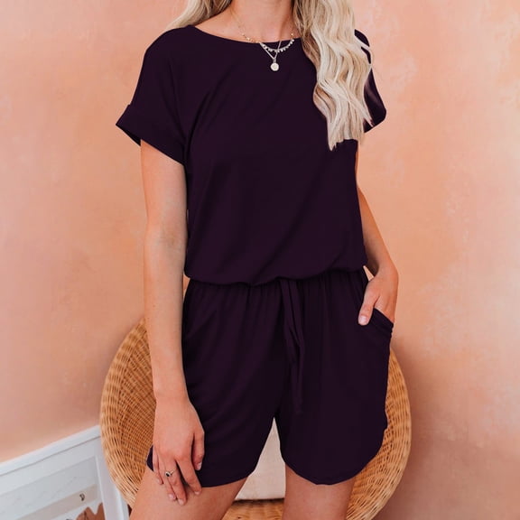 Baqcunre Jumpsuits for Women Short Sleeved Solid Color Lace Up Drawstring Casual Jumpsuit Shorts Pants for Women Shorts for Women One Piece Jumpsuit Womens Clothes Purple XXL
