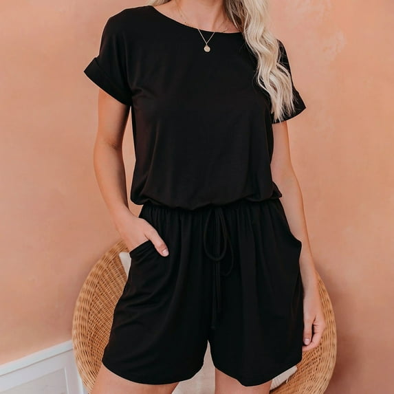 Baqcunre Jumpsuits for Women Short Sleeved Solid Color Lace Up Drawstring Casual Jumpsuit Shorts Pants for Women Shorts for Women One Piece Jumpsuit Womens Clothes Black L