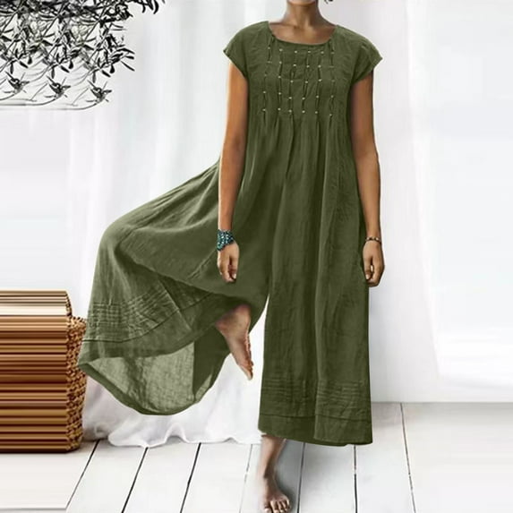 Baqcunre Jumpsuits for Women Women Solid Long Rompers Short Sleeve Round Neck Zippered Loose Jumpsuit Jumpsuits for Women Dressy One Piece Jumpsuits for Women