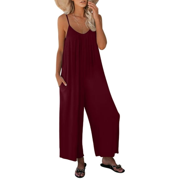 Baqcunre Jumpsuits for Women Women Casual Summer Sleeveless Jumpsuit Spaghetti Strap Solid Color Jumpsuit Pocket Trousers Jumpsuit Jumpsuits for Women Dressy One Piece Jumpsuits for Women