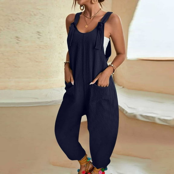 Baqcunre Jumpsuits for Women Women Casual U Neck Sleeveless Jumpsuits Spaghetti Strap Baggy Overalls Harem Pants with Pocket Jumpsuits for Women Dressy One Piece Jumpsuits for Women