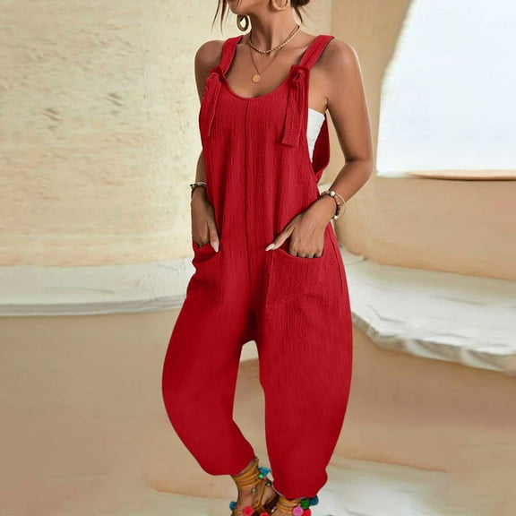 Baqcunre Jumpsuits for Women Women Casual U Neck Sleeveless Jumpsuits Spaghetti Strap Baggy Overalls Harem Pants with Pocket Jumpsuits for Women Dressy One Piece Jumpsuits for Women