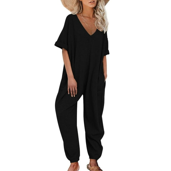 Baqcunre Jumpsuits for Women Women Solid Color V Neck Jumpsuits Half Sleeve Long Rompers Beam Foot Baggy Overalls Pants Jumpsuits for Women Dressy One Piece Jumpsuits for Women