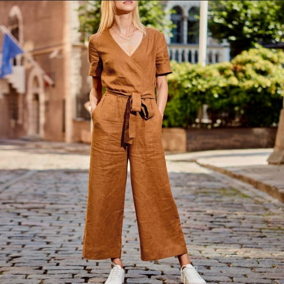 Baqcunre Jumpsuits for Women Women Solid Pocket Romper Short Sleeve V-Neck Belt Loose Overalls Jumpsuit Jumpsuits for Women Dressy One Piece Jumpsuits for Women