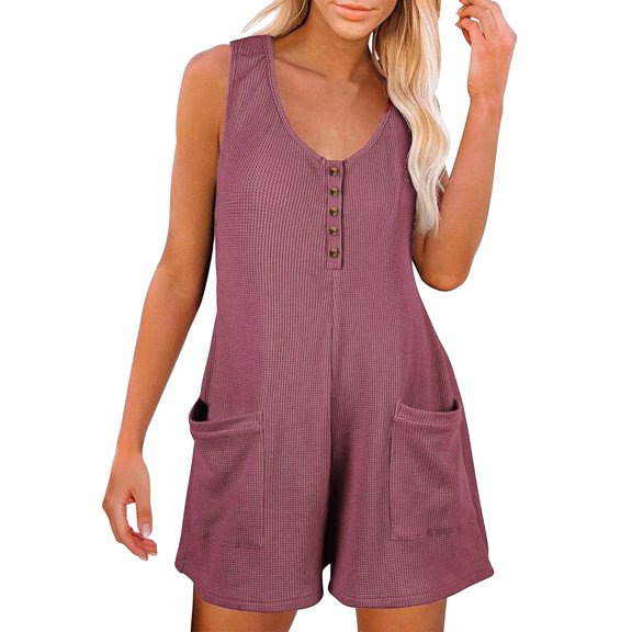 Baqcunre Jumpsuits for Women Women Summer Scoop Neck Sleeveless Rompers Button Down Jumpsuit Adjustable Waist Drawstring Shorts Jumpsuits for Women Dressy One Piece Jumpsuits for Women